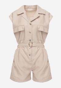 Born2be - Beżowy Bawełniano-Lniany Kombinezon Casual w Stylu Safari z Paskiem w Klamrą Cecis. Okazja: na co dzień. Kolor: beżowy. Materiał: len, bawełna. Długość: długie. Styl: casual #5