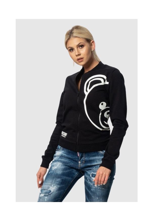 MOSCHINO Czarna bluza damska na zamek, Rozmiar XS. Kolor: czarny. Materiał: prążkowany. Wzór: nadruk