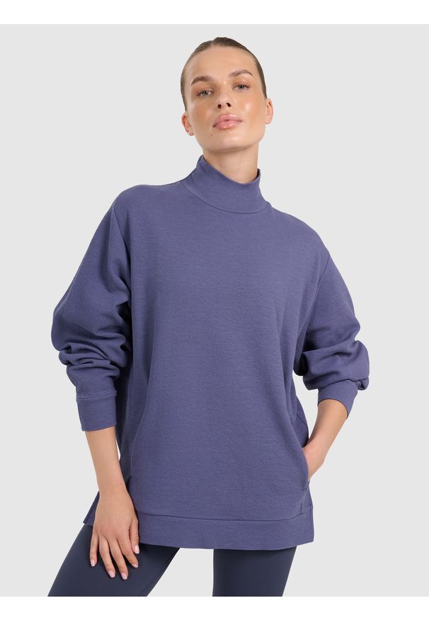 4f - 4F Bluza dresowa do jogi i pilatesu damska - granatowa L. Okazja: na co dzień. Kolor: niebieski. Materiał: dresówka. Wzór: gładki. Styl: casual, klasyczny
