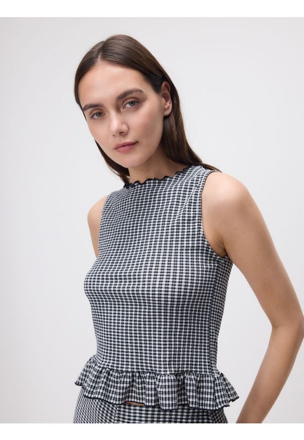 Reserved - Top w kratkę vichy - czarny. Kolor: czarny. Materiał: dzianina. Wzór: kratka