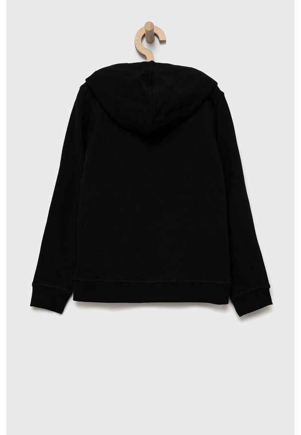 Guess Bluza bawełniana dziecięca kolor czarny z kapturem z nadrukiem. Okazja: na co dzień. Typ kołnierza: kaptur. Kolor: czarny. Materiał: bawełna. Wzór: nadruk. Styl: casual