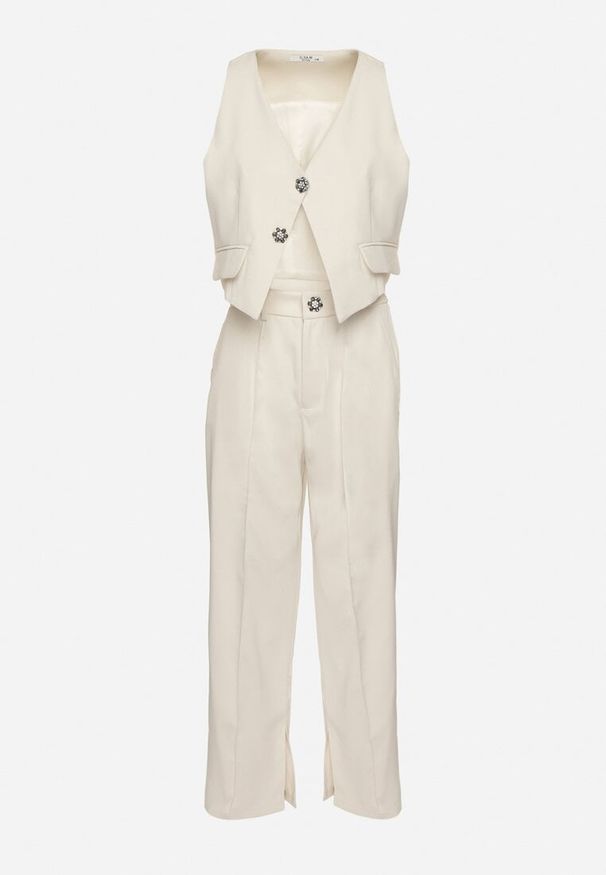 Born2be - Beżowy Komplet Kamizelka z Ozdobnymi Cyrkoniami i Garniturowe Spodnie Divistra. Kolor: beżowy