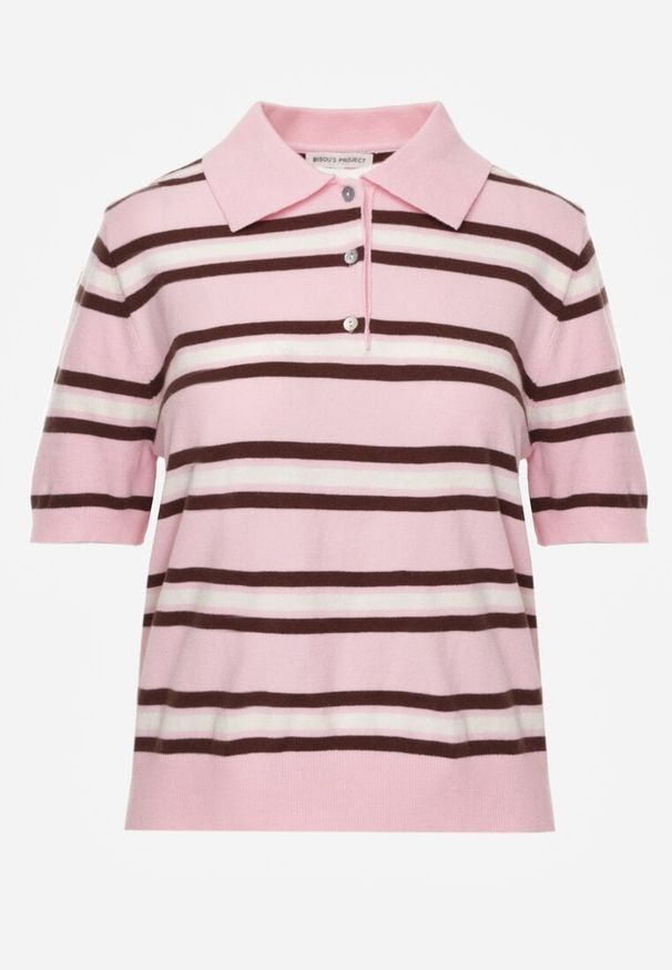 Renee - Różowy T-shirt Polo z Wiskozą w Paski z Guzikami Vevevia. Okazja: na co dzień. Typ kołnierza: polo. Kolor: różowy. Materiał: wiskoza. Wzór: paski. Styl: casual, sportowy