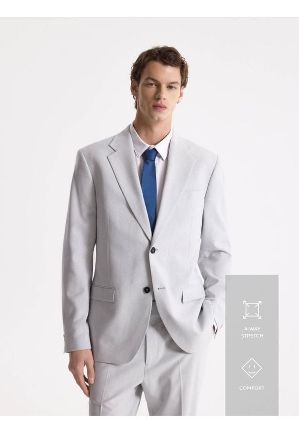 Reserved - Marynarka slim fit z domieszką lnu - jasnoszary. Kolor: szary. Materiał: len