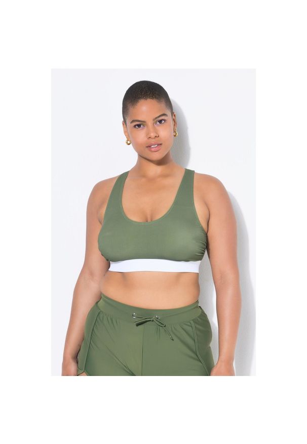 ULLA POPKEN - Damski Top bikini miękkie miseczki w tylu bokserskim. Kolekcja: plus size. Kolor: zielony, biały, wielokolorowy. Materiał: materiał, poliester, elastan, poliamid