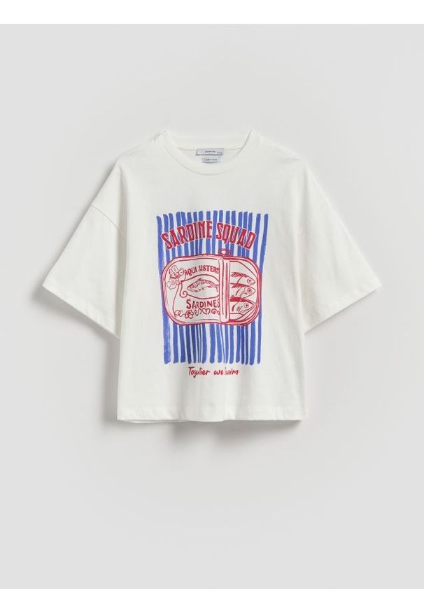 Reserved - Luźny t-shirt z nadrukiem - złamana biel. Materiał: bawełna. Wzór: nadruk