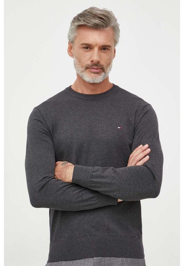 TOMMY HILFIGER - Tommy Hilfiger sweter męski kolor szary lekki. Okazja: na co dzień. Kolor: szary. Materiał: bawełna, materiał. Wzór: aplikacja. Styl: casual