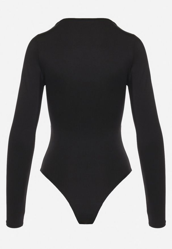 Born2be - Czarne Body z Wcięciem na Dekolcie i Długimi Rękawami Devereua. Okazja: do pracy, na co dzień. Typ kołnierza: dekolt w kształcie V. Kolor: czarny. Materiał: jeans, skóra. Długość rękawa: długi rękaw. Długość: długie. Styl: elegancki, casual