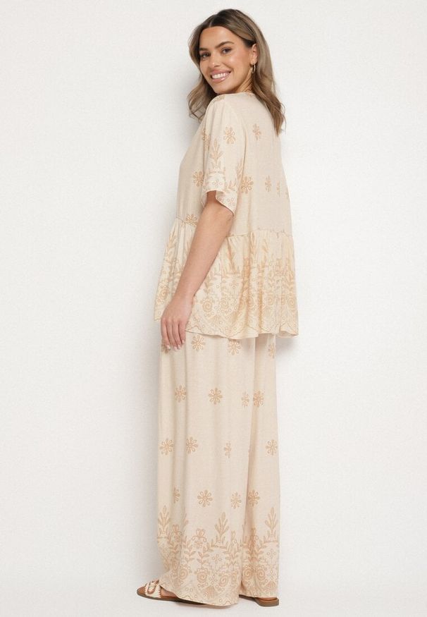 Born2be - Beżowy Wiskozowy Komplet Bluzka z Wiązaniem i Spodnie Lunavelia. Kolor: beżowy. Materiał: wiskoza