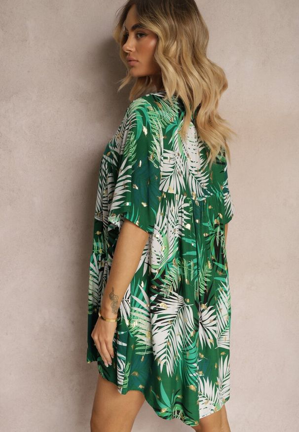 Renee - Biało-Zielona Sukienka o Rozkloszowanym Kroju z Falbanką i Trójkątnym Dekoltem Tiamaya. Kolor: biały. Długość rękawa: krótki rękaw. Typ sukienki: rozkloszowane