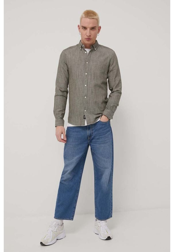 Only & Sons koszula z domieszką lnu męska kolor zielony slim z kołnierzykiem button-down. Typ kołnierza: button down. Kolor: zielony. Materiał: len. Długość rękawa: długi rękaw. Długość: długie