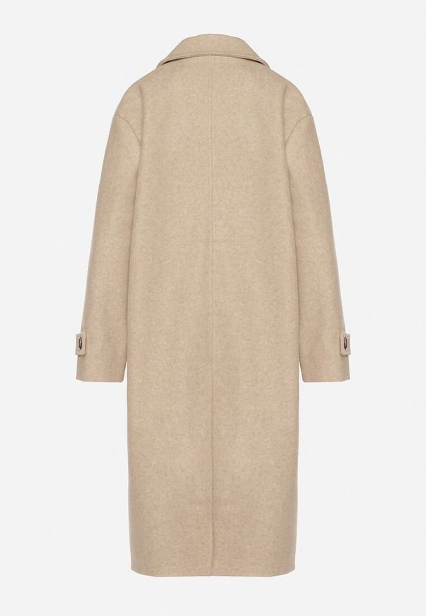 Born2be - Beżowy Dwurzędowy Płaszcz Oversize z Wełny i Wiskozy w Eleganckim Stylu Tiliavia. Okazja: na co dzień. Typ kołnierza: golf. Kolor: beżowy. Materiał: wełna, wiskoza. Wzór: aplikacja. Styl: elegancki