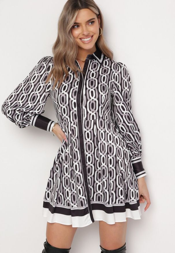 Born2be - Czarno-Biała Mini Koszulowa Sukienka o Rozkloszowanym Fasonie z Paskiem Amburia. Kolor: czarny. Materiał: materiał. Typ sukienki: koszulowe. Długość: mini