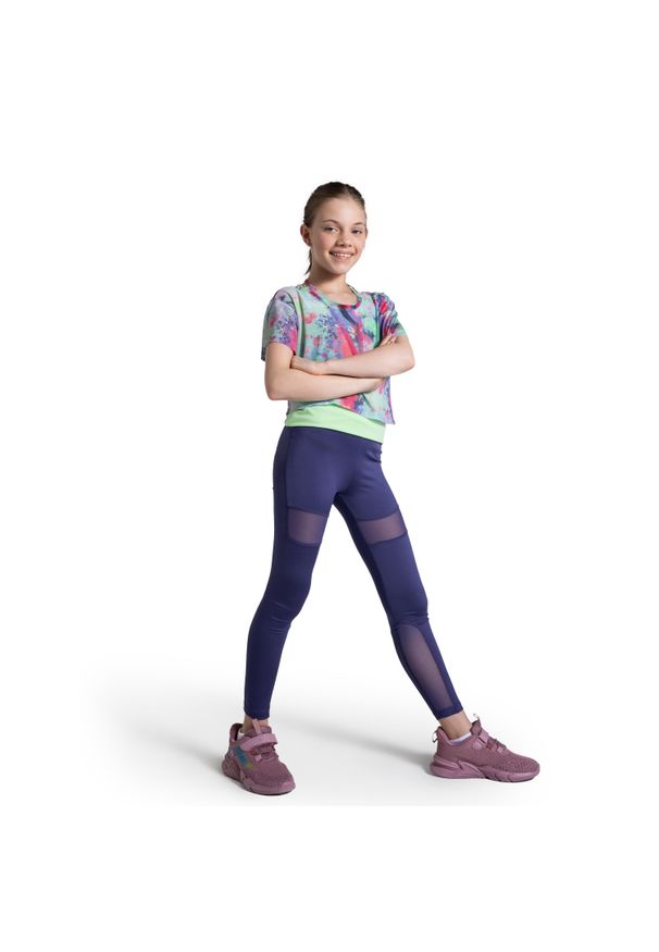 Legginsy do gimanstyki dla dzieci Lemon Explore WL5. Okazja: na co dzień. Stan: podwyższony. Kolor: niebieski. Materiał: poliester, elastan. Wzór: aplikacja. Styl: sportowy, casual