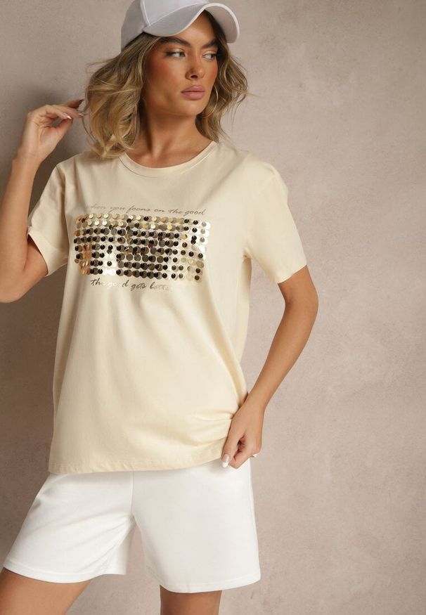 Renee - Beżowy T-shirt z Bawełny z Naszytymi Cekinami Avenelli. Okazja: na co dzień. Kolor: beżowy. Materiał: bawełna. Wzór: aplikacja. Styl: klasyczny, elegancki, casual