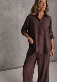 Renee - Brązowy Komplet z Wiskozy i Lnu w Delikatne Prążki Koszula i Spodnie Wide Leg Cliffesa. Kolor: brązowy. Materiał: wiskoza, len. Wzór: prążki #1