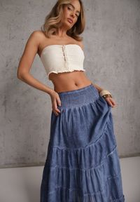 Renee - Niebieska Kaskadowa Bawełniana Spódnica High Waist Stylizowana na Denimową Ealnas. Okazja: na co dzień. Stan: podwyższony. Kolor: niebieski. Materiał: bawełna. Długość: krótkie. Styl: casual #7