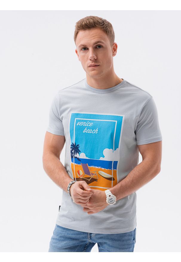Ombre Clothing - T-shirt męski z nadrukiem S1434 V-3B - błękitny - XXL. Kolor: niebieski. Materiał: bawełna. Wzór: nadruk. Styl: klasyczny