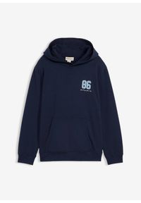 bonprix - Bluza z kapturem z czystej bawełny organicznej, z dużym nadrukiem na plecach, krój loose fit. Typ kołnierza: kaptur. Kolor: niebieski. Materiał: bawełna. Wzór: nadruk #1