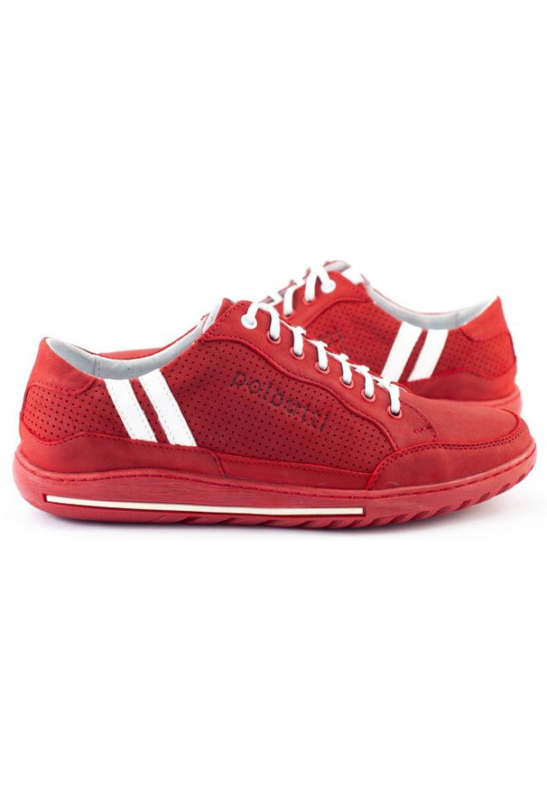 Polbut Buty męskie casual JOK31 czerwone. Okazja: na co dzień. Kolor: czerwony. Materiał: jeans, skóra, materiał. Wzór: ażurowy. Sezon: jesień, wiosna. Styl: casual