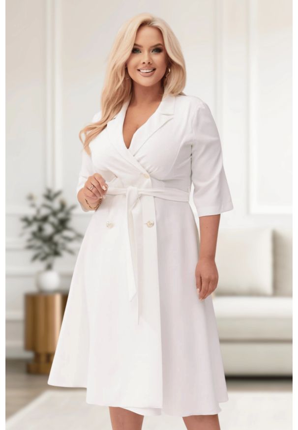 Moda Size Plus Iwanek - Elegancka żakietowa sukienka Marietta w kolorze ecru XXL OVERSIZE WIOSNA. Okazja: na co dzień, na spotkanie biznesowe. Materiał: tkanina, poliester, elastan, materiał. Sezon: wiosna. Typ sukienki: oversize. Styl: elegancki