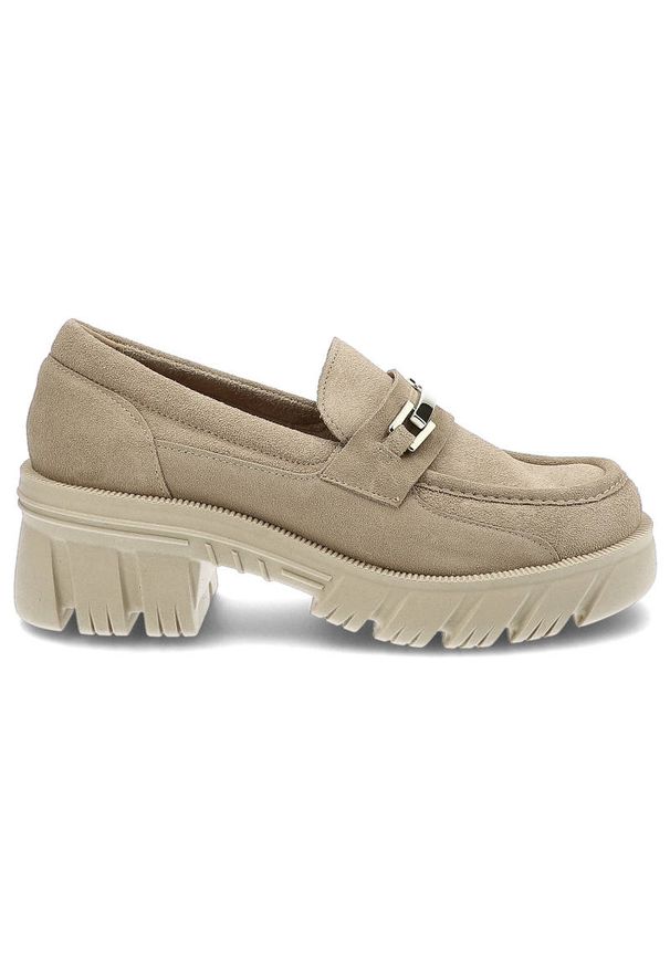 Półbuty damskie Lemar, naturalna skóra zamszowa masywna podeszwa o wyrazistym bieżniku metalowy detal, bez/zł, 20110-W. Zapięcie: klamry, bez zapięcia. Kolor: beżowy. Materiał: skóra, zamsz. Szerokość cholewki: normalna. Obcas: na obcasie. Styl: elegancki. Wysokość obcasa: niski