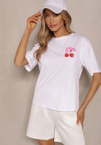 Renee - Biały T-shirt z Bawełną Wzorem Wiśni i Cyrkoniami Linavella. Okazja: na co dzień. Kolor: biały. Materiał: bawełna. Styl: elegancki, casual #5
