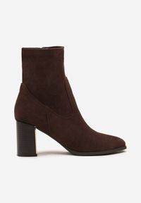 Born2be - Brązowe Botki na Obcasie z Dopasowaną Cholewką Latalira. Okazja: na co dzień. Kolor: brązowy. Materiał: jeans. Szerokość cholewki: normalna. Obcas: na obcasie. Styl: klasyczny, casual, elegancki. Wysokość obcasa: średni