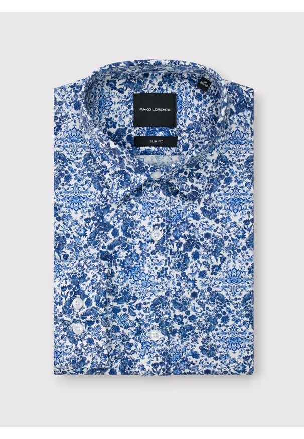 Pako Lorente - PAKO LORENTE - Koszula męska w niebieskie kwiaty. Typ kołnierza: kołnierzyk klasyczny. Kolor: niebieski. Materiał: bawełna, elastan. Długość rękawa: długi rękaw. Długość: długie. Wzór: kwiaty. Styl: młodzieżowy, klasyczny