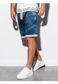 Ombre Clothing - Krótkie spodenki męskie jeansowe W219 - ciemny jeans - XXL. Materiał: jeans. Długość: krótkie. Wzór: aplikacja