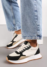 Renee - Czarno-Beżowe Sneakersy z Siateczkową Wstawką na Nosku Hlimeltia. Kolor: czarny. Materiał: jeans, dresówka #5