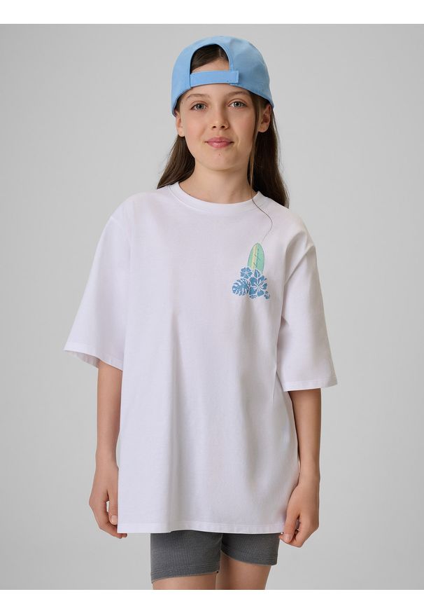 4f - 4F T-shirt loose z nadrukiem dziewczęcy - biały 158/164 (12-14 lat). Okazja: na co dzień. Kolor: biały. Materiał: materiał, bawełna, dresówka, dzianina, skóra. Wzór: nadruk. Sezon: lato. Styl: klasyczny, casual