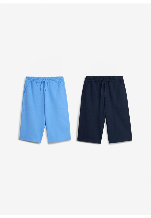 bonprix - Bermudy dresowe z czystej bawełny organicznej, loose fit, 2 szt.. Okazja: na co dzień. Kolor: niebieski. Materiał: dresówka, bawełna. Styl: casual