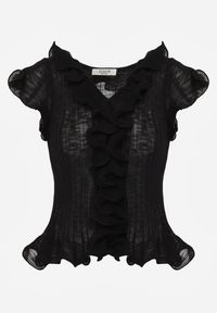 Renee - Czarna Bluzka z Wiskozą w Prążki z Falbanami Eunione. Kolor: czarny. Materiał: wiskoza. Wzór: prążki #5