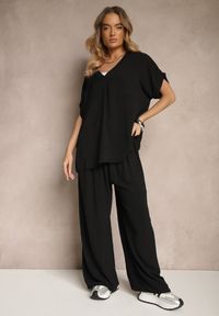 Renee - Czarny Bawełniany Komplet Spodnie o Szerokim Kroju i T-shirt Oversize Seltebis. Kolor: czarny. Materiał: bawełna. Wzór: gładki, aplikacja, kolorowy