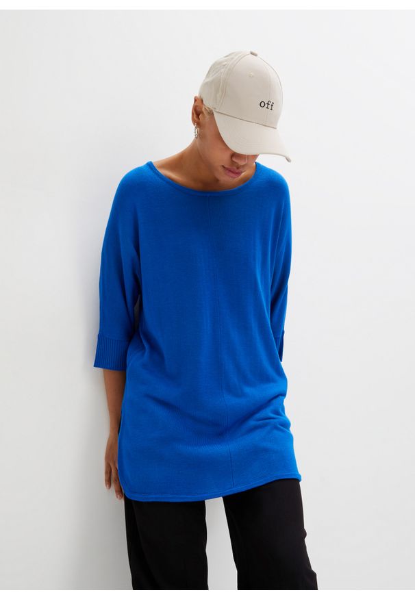 bonprix - Szeroki, długi sweter dzianinowy z rękawami 3/4. Kolor: niebieski. Materiał: dzianina. Długość: długie. Styl: elegancki