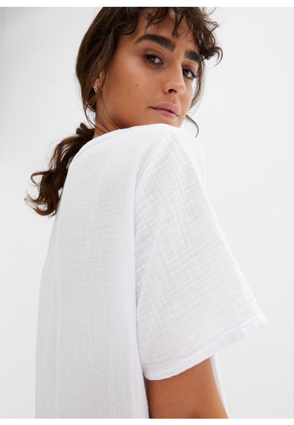 bonprix - Długa tunika muślinowa z czystej bawełny. Kolor: biały. Materiał: bawełna. Długość rękawa: krótki rękaw. Długość: krótkie, długie