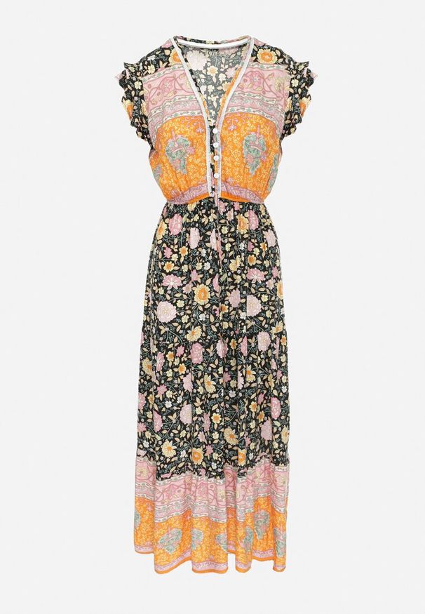 Born2be - Czarno-Pomarańczowa Sukienka Maxi z Wiskozy w Stylu Boho Larres. Typ kołnierza: kołnierz z falbankami. Kolor: pomarańczowy. Materiał: wiskoza. Wzór: aplikacja. Styl: boho. Długość: maxi
