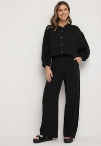 Born2be - Czarny Muślinowy Komplet z Bawełny o Kroju Oversize Koszula i Szerokie Spodnie Ziselia. Kolor: czarny. Materiał: bawełna. Wzór: aplikacja