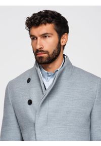 Ombre Clothing - Płaszcz męski z wysokim kołnierzem i asymetrycznym zapięciem – szary melanż V1 - Rozmiar: L. Okazja: na co dzień. Kolor: szary. Materiał: syntetyk, wiskoza, poliester, materiał. Wzór: melanż. Styl: wizytowy, casual, elegancki #3