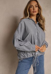 Renee - Ciemnoszara Koszula z Bawełny o Kroju Oversize w Prążki ze Ściągaczem w Pasie Neoritia. Okazja: do pracy. Kolor: szary. Materiał: bawełna. Wzór: prążki. Styl: elegancki #5