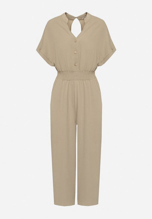 Born2be - Ciemnozielony Wiskozowy Kombinezon o Taliowanym Kroju z Szerokimi Nogawkami Delsea. Okazja: do pracy. Kolor: zielony. Materiał: wiskoza. Długość rękawa: krótki rękaw. Długość: krótkie. Styl: elegancki