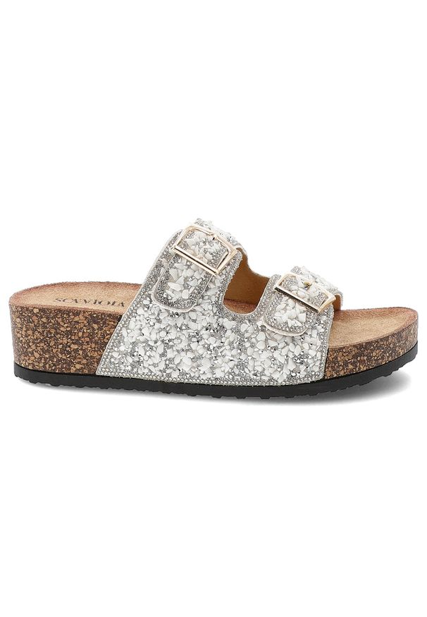 Sca'viola - Białe Klapki Sca'Viola Eleganckie Obuwie Damskie. Okazja: na co dzień. Kolor: biały. Wzór: aplikacja, paski. Sezon: lato. Styl: elegancki