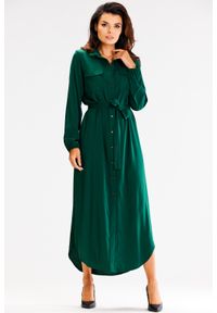 Awama - Długa Sukienka o Koszulowym Kroju z Asymetrycznym Dołem - Zielona. Kolor: zielony. Materiał: elastan, wiskoza. Typ sukienki: asymetryczne, koszulowe. Długość: maxi #1
