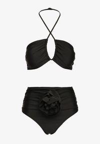 Renee - Czarne 2-Częściowe Bikini Stanik Zapinany przy Szyi z Wiązaniem Figi z Wysokim Stanem Nanselian. Stan: podwyższony. Kolor: czarny. Wzór: aplikacja