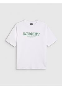 4f - 4F T-shirt oversize z nadrukiem damski - biały XL. Okazja: na co dzień. Kolor: biały. Materiał: bawełna, jersey, materiał, dzianina. Długość rękawa: krótki rękaw. Długość: krótkie. Wzór: nadruk. Styl: klasyczny, sportowy, casual