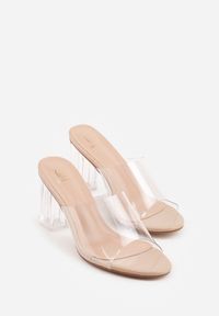 Renee - Beżowe Klapki z Transparentnym Słupkiem i Paskiem Los. Okazja: na co dzień. Kolor: beżowy. Materiał: skóra, koronka. Obcas: na słupku. Styl: casual, elegancki #5