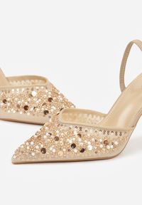 Born2be - Ciemnobeżowe Szpilki z Odkrytą Piętą i Aplikacjami z Perełkami i Cekinami Senefera. Okazja: na sylwestra. Kolor: beżowy. Materiał: futro, satyna. Wzór: aplikacja. Obcas: na szpilce. Styl: elegancki, klasyczny #4