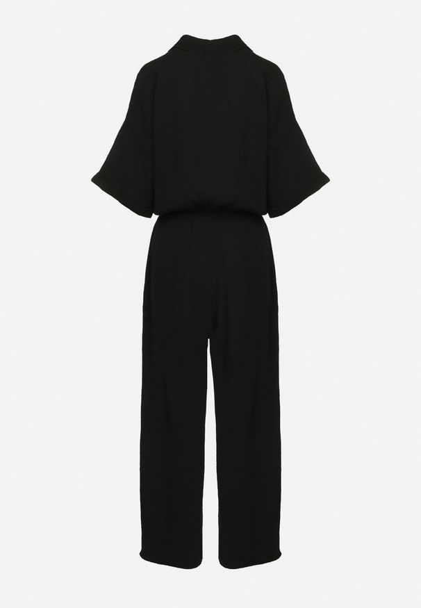 Born2be - Czarny Bawełniany Kombinezon z Koszulową Górą i Prostymi Spodniami Namsore. Kolor: czarny. Materiał: bawełna. Styl: elegancki, klasyczny