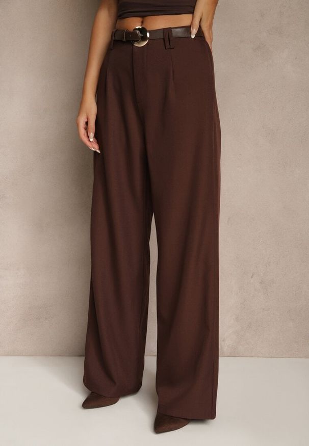 Renee - Brązowe Garniturowe Spodnie Wide Leg z Dodatkowym Paskiem Cintriane. Stan: podwyższony. Kolor: brązowy. Styl: elegancki